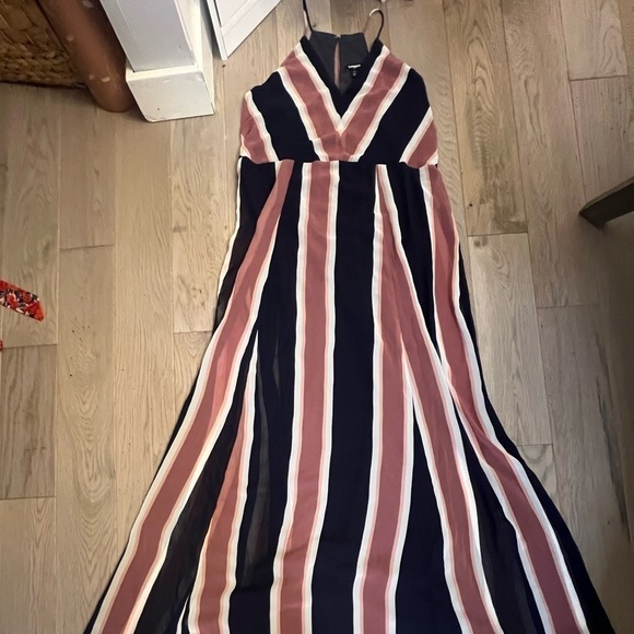 Nwot Striped (Navy, White, Pink) Drop Waist V-Neck Express Maxi Dress, Medium - Picture 1 of 8